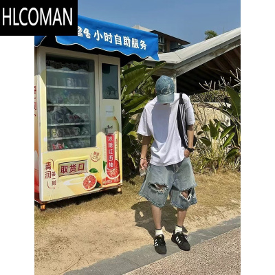 HLCOMAN美式复古破洞牛仔短裤男夏季日系潮牌痞帅中裤宽松直筒阔腿五分裤