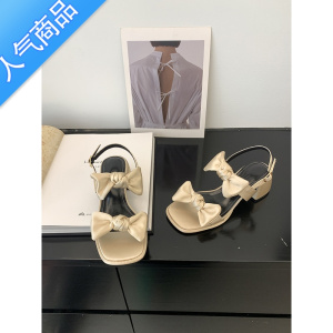 SUNTEK软底高跟鞋女2023夏季新款时尚百搭蝴蝶结舒适一字带粗跟凉鞋女潮