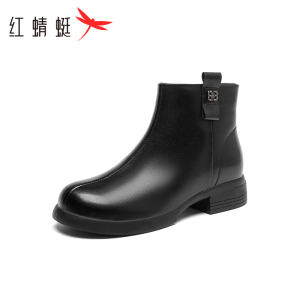 红蜻蜓女鞋2025新款秋冬真皮加绒保暖短靴英伦复古厚底切尔西靴