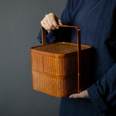 美帮汇细篾编双层提篮竹编收纳篮漆器多层食盒点心月饼礼盒茶具收纳盒