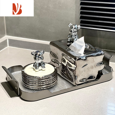 三维工匠陶瓷纸巾盒客厅轻奢抽纸盒家用烟灰缸套装创意茶几收纳盒 银色小熊冰川3件套[纸巾盒+烟灰缸+枪灰条纹托盘]