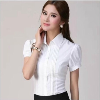 暖青汇夏装新大码雪纺修身女白衬衫长袖上衣工作服工装衬衣职业短袖女装蕾丝衫