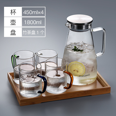 家用简约玻璃杯带把手大容量透明耐热客厅喝水杯牛奶泡茶杯子套装 简约杯450ML(4只混色装)+茶盘+冷水壶1800ML