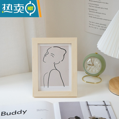 敬平 ins风木质画框摆件卧室7寸摆台相架照片卡片装饰画相框 原木相框 + 线条女孩油画布 7寸