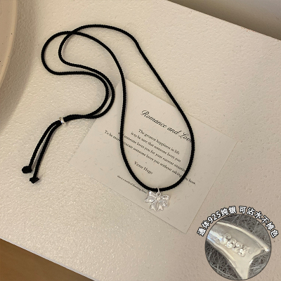 s925纯银蝴蝶结黑绳项链配饰女韩系时髦毛衣链大气高档高级感送女朋友老婆情人节七夕生日礼物