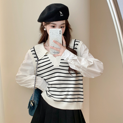 [3件8.5折118.9元,叠加优惠券]唐狮年春秋新款拼接女毛针织开衫薄款条纹气质法式开衫外套PO