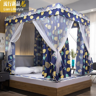 家用防摔蚊帐床帘一体带支架拉链方帐蒙古包防尘顶遮光三开纹账 三维工匠