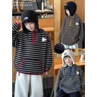 童酷男童冬款时尚贴标中小童外套拼色条纹连帽加厚儿童卫衣潮