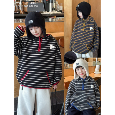 童酷男童冬款时尚贴标中小童外套拼色条纹连帽加厚儿童卫衣潮