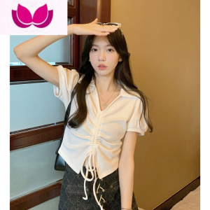 七斓纯欲风甜辣妹V领抽绳T恤女装夏季韩版2023新款设计感修身显瘦上衣