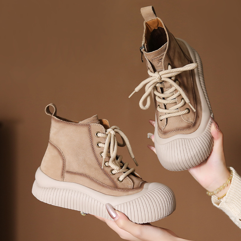 头层牛皮秋冬新款复古休闲高帮鞋女靴子百搭舒适平底软皮女靴