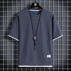 华夫格短袖男士夏季假两件上衣定制版型印花圆领T恤衣服