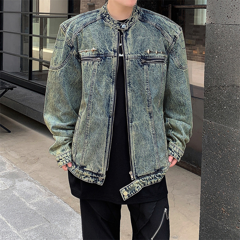 夹克男春秋季新款短款垫肩牛仔外套男士美式复古痞帅炸街潮牌夹克