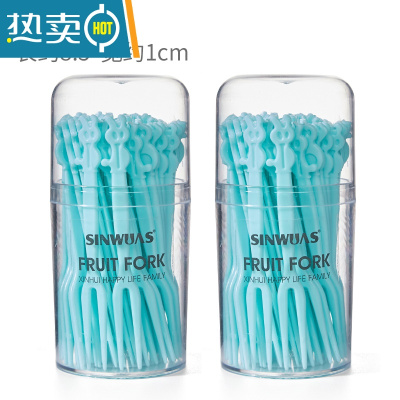 敬平水果叉套装创意可爱卡通儿童安全家用叉子蛋糕甜品叉点心叉 蓝色100支[盒装].牙签