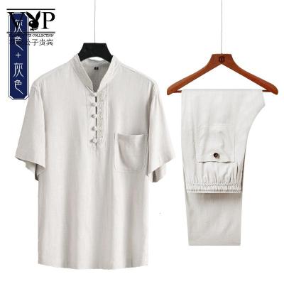 花花公子贵宾夏季男士中老年男装爸爸装亚麻中国风棉麻套装休闲宽松爷爷夏装