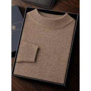 商务休闲半高领套头山羊绒针织衫男新款羊毛七针双股加厚提花毛衣