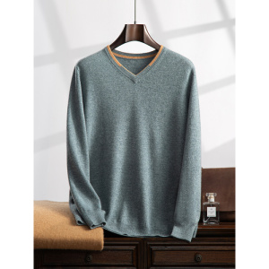 春秋新款V领男士羊绒衫宽松撞色商务休闲简约套头长袖打底毛衣