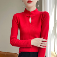 纯色中式盘扣上衣女秋季紧身显瘦打底针织衫软糯风毛衣