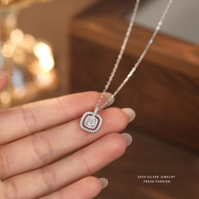 S925纯银精致方糖锆石项链女轻奢经典百搭气质网红同款锁骨链批发送女朋友老婆情人节七夕生日礼物