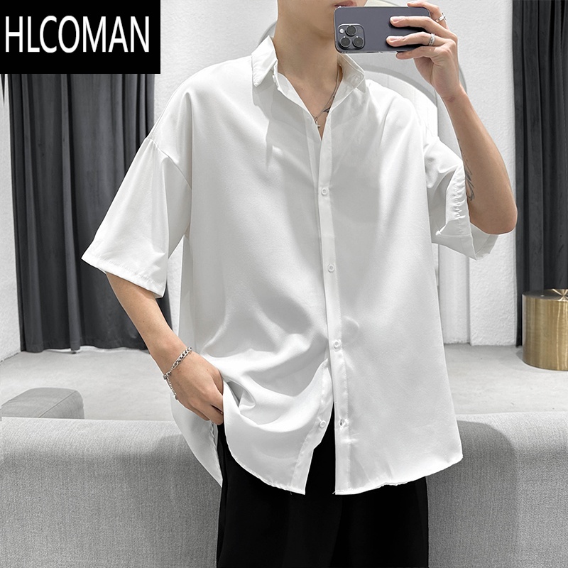 HLCOMAN夏季薄款冰丝短袖衬衫男纯色百搭休闲潮牌垂感青少年韩版潮流衬衣