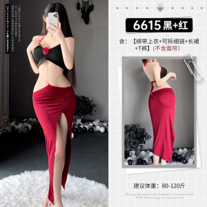 霏慕性感情趣内衣金链饰腰性感露背套装6615女式情趣睡衣制服床上衣服高开叉长裙 6615红尘客栈◆黑+红【绑带上衣+可拆细链+长裙+T裤】 均码