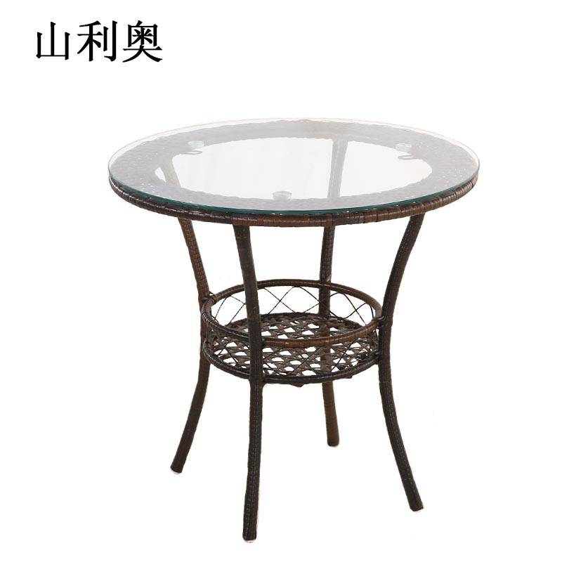 山利奥 藤桌 阳台茶几钢化玻璃小圆桌藤编简易休闲桌子 80cm 1个