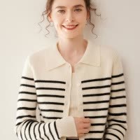 山羊绒针织开衫女秋宽松POLO领保暖内搭上衣外套条纹设计长袖上衣