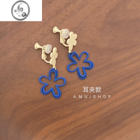 JiMiA.MU 油画少女/原创法式设计宝蓝色镂空花朵撞色米白银针耳环耳夹