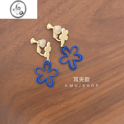 JiMiA.MU 油画少女/原创法式设计宝蓝色镂空花朵撞色米白银针耳环耳夹