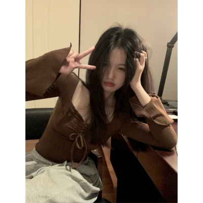 欧美辣妹风下摆不规则抽褶皱方领长袖上衣春秋新款修身显瘦T恤ins