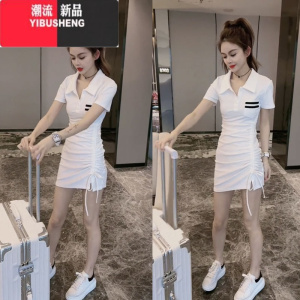 YIBUSHENG2024季新款韩版polo领收腰显瘦连衣裙设计感抽绳辣妹包臀短裙子