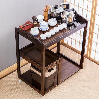 实木功夫茶具套组移动茶台茶车简约家用茶水柜实木小茶桌竹茶盘茶具套装全自动新茶字胡桃色茶车+半自动炉青花瓷套装