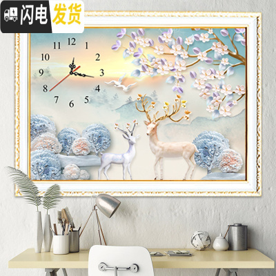 三维工匠十字绣2019钟表客厅新款发财麋鹿线绣现代简约小幅简单绣餐 [十字绣]品质棉线80*55cm[中格3股]+工具包