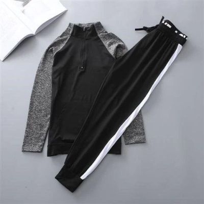 珂卡慕(KEKAMU)春秋健身房运动套装女速干宽松长裤瑜伽服套装跑步上衣长袖外套女黑立领上衣黑色大宽杠运动裤-L默认尺寸