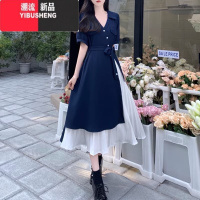 YIBUSHENG法式小众设计感雪纺连衣裙女大码胖MM不规则气质赫本风a字长裙