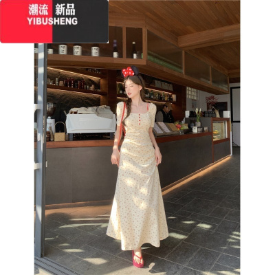 YIBUSHENG大码女装新款度假风短袖碎花长短裙子胖mm气质季法式收腰连衣裙