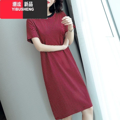 YIBUSHENG连衣裙女2024新款短袖棉t恤时尚休闲条纹宽松大码遮肚基础裙子