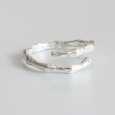 S925纯银树枝开口对戒文艺风素银纸条不规则银指环情侣戒指可刻字送女朋友老婆情人节七夕生日礼物