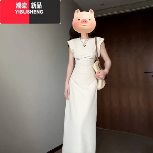YIBUSHENG白色法式设计连衣裙子2024新款季收腰小众修身显瘦长裙高端精致