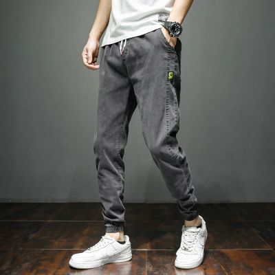 春季宽松牛仔裤男束脚松紧腰学生韩版潮流百搭休闲长裤小脚裤子男