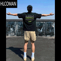 HLCOMAN2024夏季新款复古高街潮牌黑色短袖t恤男美式宽松上衣服