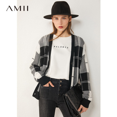 Amii极简慵懒风复古格纹针织外套2020新款宽松开衫外搭上衣女薄款