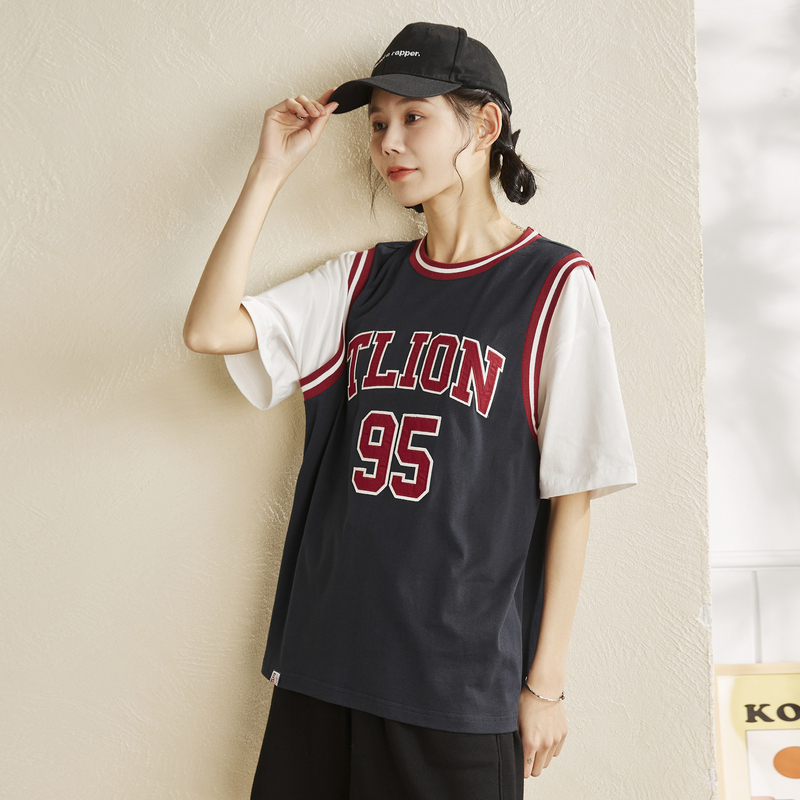 [100元任选3件]唐狮夏装新款短袖t恤女设计感小众拼接衣服设计上衣in