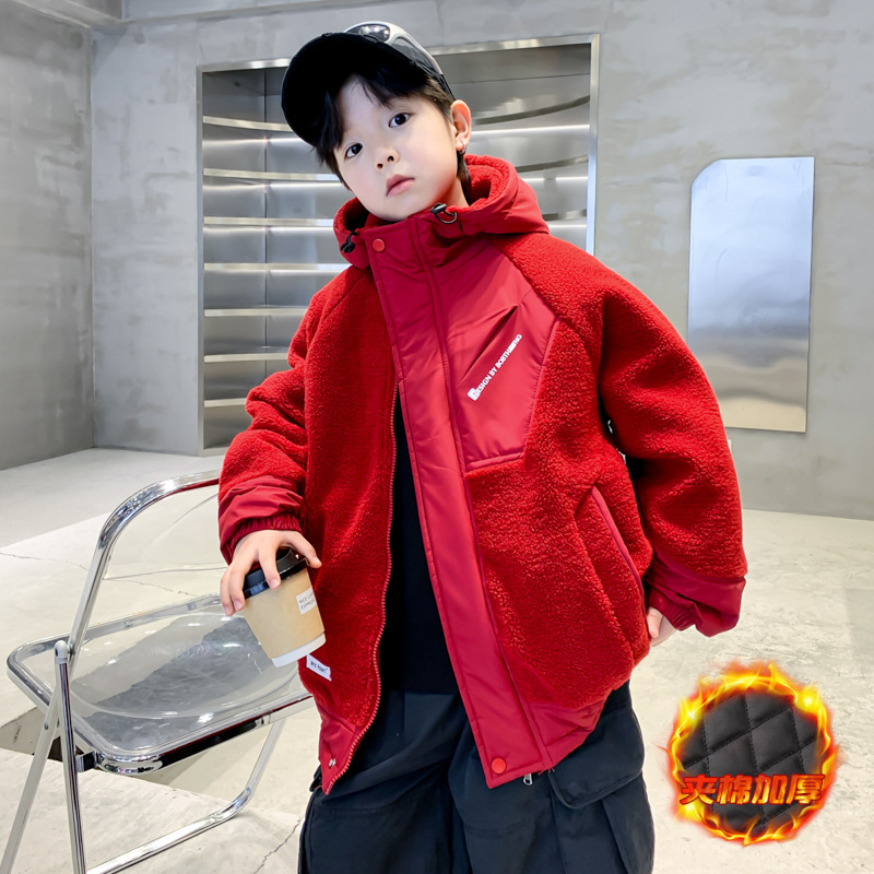 男童夹棉外套秋冬款新款儿童装红色毛毛衣年服冬季加厚羊羔绒