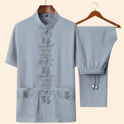 直播热售-夏季父亲节唐装男亚麻中老年人爸爸装中国风短袖套装薄款中式汉服娅洛尔