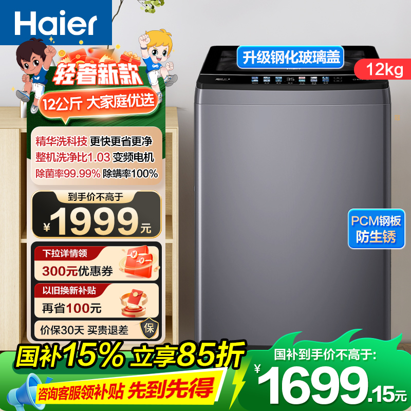 海尔(Haier) 12公斤 变频 全自动 波轮洗衣机 精华洗 除菌螨 玻璃盖 仿手搓 XQB120-BSE30L2