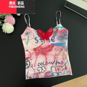 YIBUSHENG美式甜辣蝴蝶涂鸦晕染收腰包臀吊带连衣裙女+短款吊带背心上衣