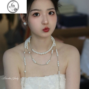 JiMi新款新娘多层珍珠毛衣链长款赫本结婚婚纱旗袍项链礼服大气高级 模特同款项链