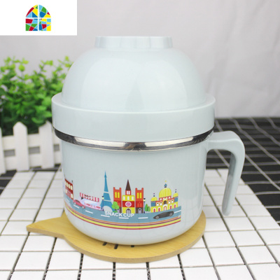 不锈钢饭盒便当盒学生食堂简约快餐杯泡面碗韩国密封带盖碗筷套装 FENGHOU 北欧蓝(送保温袋盒装三件套)