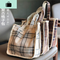 原创复古双层格子帆布袋简约百搭手提棉布包手拎包便携实用小方包NEW LAKE女士单肩包